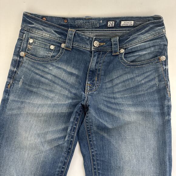 Miss Me Jeans Boyfriend Capri Thick Stitch Rhinestone Embroidered 28 Flap Pocket - Picture 2 of 13